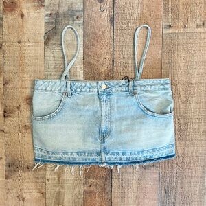 Zara Light Wash Denim Reconstructed Skirt Style Crop Top Size L NEW